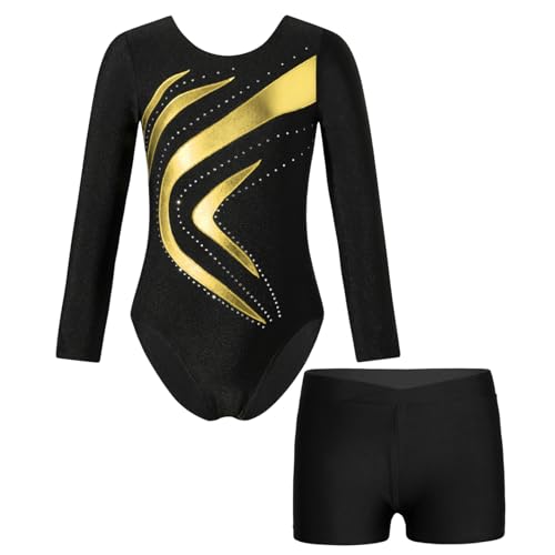 Jugaoge Turnanzug Mädchen Langarm Gymnastik Anzug mit Kurze Hose Metallisch Streifen Trikot Leotard Basic Einfarbig Stretch Hotpants Tanz Outfits Gold 158-164 von Jugaoge