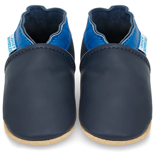 Juicy Bumbles - Weicher Leder Lauflernschuhe Krabbelschuhe Babyhausschuhe mit Wildledersohlen. Junge Mädchen Kleinkind- Gr. 0-6 Monate (Größe 19/20)- Blau und Marineblau von Juicy Bumbles
