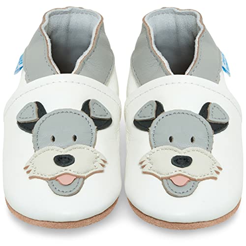 Juicy Bumbles - Weicher Leder Lauflernschuhe Krabbelschuhe Babyhausschuhe mit Wildledersohlen. Junge Mädchen Kleinkind- Gr. 0-6 Monate (Größe 19/20)- Duky Hund von Juicy Bumbles