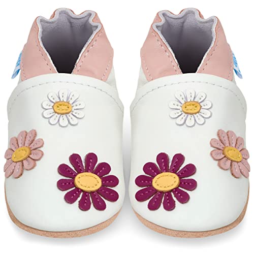 Juicy Bumbles - Weicher Leder Lauflernschuhe Krabbelschuhe Babyhausschuhe mit Wildledersohlen. Junge Mädchen Kleinkind- Gr. 0-6 Monate (Größe 19/20)- Gänseblümchen von Juicy Bumbles