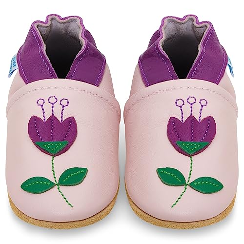 Juicy Bumbles - Weicher Leder Lauflernschuhe Krabbelschuhe Babyhausschuhe mit Wildledersohlen. Junge Mädchen Kleinkind- Gr. 0-6 Monate (Größe 19/20)- Tulpen von Juicy Bumbles