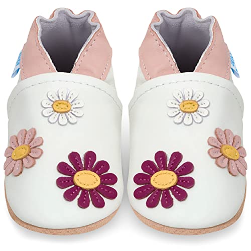 Juicy Bumbles - Weicher Leder Lauflernschuhe Krabbelschuhe Babyhausschuhe mit Wildledersohlen. Junge Mädchen Kleinkind- Gr. 18-24 Monate (Größe 24/25)- Gänseblümchen von Juicy Bumbles