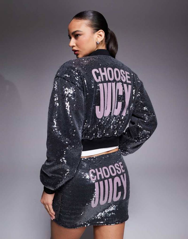 Juicy Couture - Bomberjacke in Schwarz mit durchgehendem Reißverschluss, Paillettenbesatz und Logo von Juicy Couture