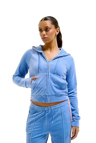 Juicy Couture Damen Madison Hoodie Kapuzensweatjacke, Sweatjacke mit Kapuze und Reißverschluss aus Velour Kapuzenpullover, Washed Regatta, 36 von Juicy Couture
