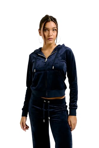 Juicy Couture Damen Monogram Hoodie weiche Velour Sweatjacke mit Kapuze und Fronttaschen für Sport Freizeit Fitness in versch. Farben Kapuzenpullover, Night Sky, L von Juicy Couture