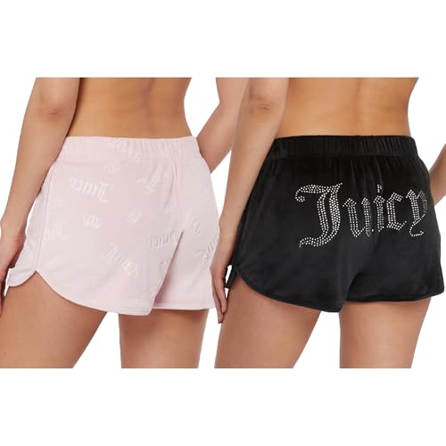 Juicy Couture Damen Schlaf- und Lounge-Shorts aus Samt, Fleece, Delfin, 2er-Pack, Schwarz/Rosa Krone geprägt von Juicy Couture
