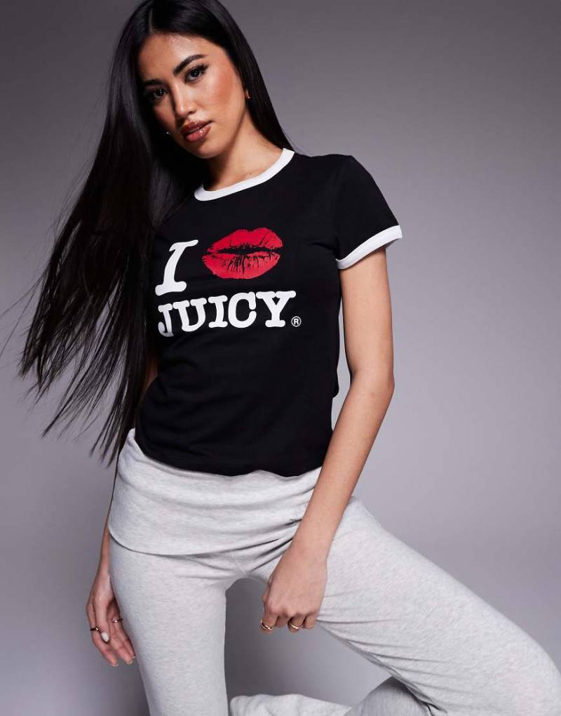 Juicy Couture - I kiss JC - Eng anliegendes Ringer-T-Shirt in Schwarz von Juicy Couture