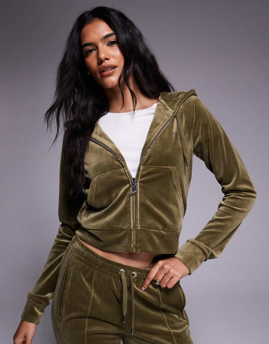 Juicy Couture - Kapuzenjacke in Khaki mit Reißverschluss und Strass-Logo, Kombiteil-Grün von Juicy Couture