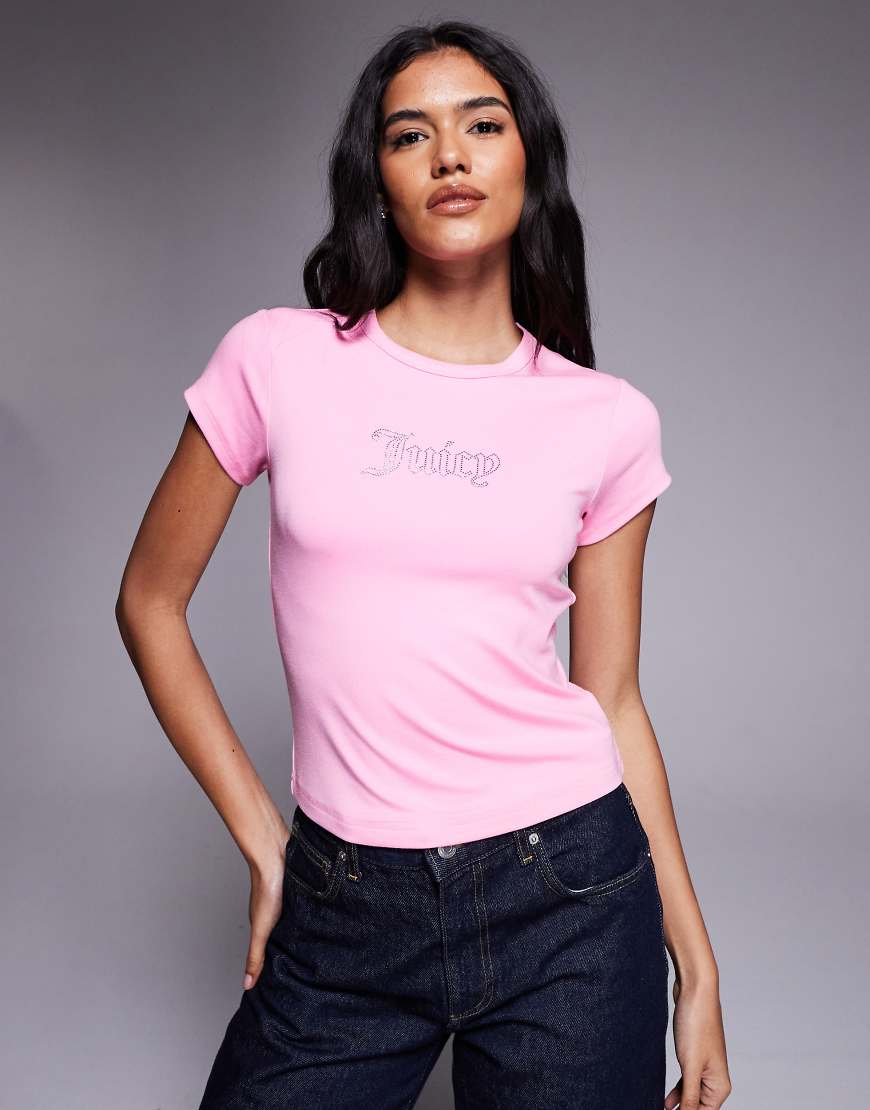 Juicy Couture - Knapp geschnittenes T-Shirt in Rosa mit Umriss-Logo mit Strassverzierung von Juicy Couture