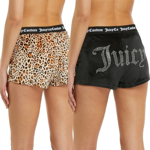 Juicy Couture Samt-Fleece-Shorts, 2-teiliges Designer-Pyjama-Set für Damen, 2er-Pack Schlaf- und Lounge-Shorts, schwarz / leopardendesign, Small von Juicy Couture