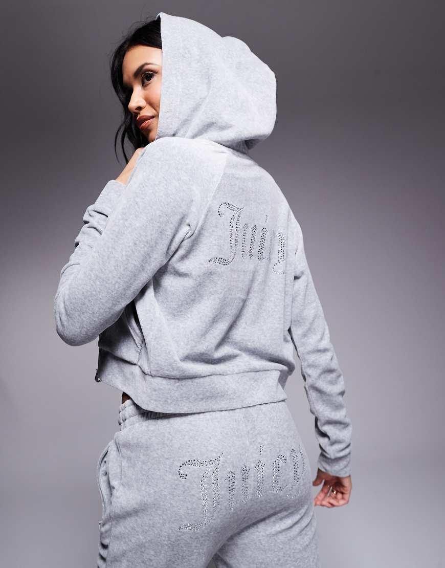 Juicy Couture - Velours-Kapuzenjacke in Grau mit Strass-Logo, Kombiteil Juicy Couture - Velours-Kapuzenjacke in Grau mit Strass-Logo, Kombiteil von Juicy Couture