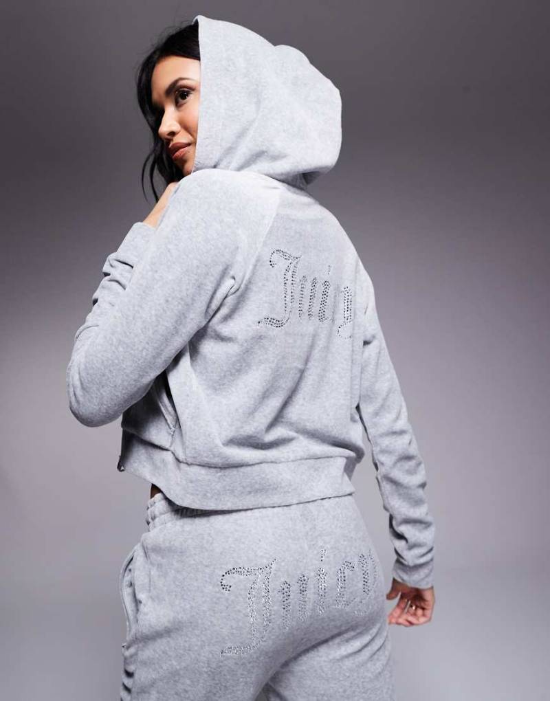 Juicy Couture - Velours-Kapuzenjacke in Grau mit Strass-Logo, Kombiteil Juicy Couture - Velours-Kapuzenjacke in Grau mit Strass-Logo, Kombiteil von Juicy Couture