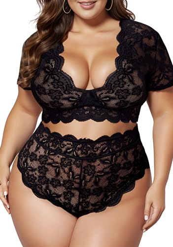 2-teiliges Dessous-Set für Damen, sexy tiefer V-Ausschnitt, Spitzen-BH und Höschen, hohe Taille, Nachtwäsche, Clubwear, schwarz, 5X-Large von JuicyRose