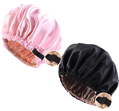 2 Stück Schlafhaube Haar Mütze Mädchen Seidenmütze, Damen Lange Satin Mütze Extra Große Haarhaube Doppellagig Verstellbare Schlafhaube Haare Schützen (Schwarz+Rosa) von Juimtien