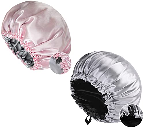 Juimtien 2 pcs Satin Schlafhaube Haar Mütze Mädchen Seidenmütze,Damen Mütze Schlafhaube Extra Große Satin Haarhaube Doppellagig Verstellbare schlafhaube haare schützen（pink+gray） von Juimtien