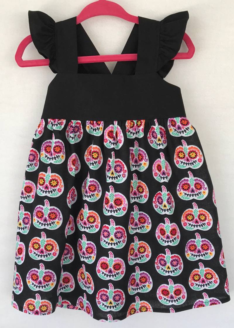Halloween Baby Kleid, Kürbis Sugar Skull Sticken Kleid Für Kleine Mädchen, Baby-Kleid, Mit Flattern Ärmeln von JujaBeanKidz