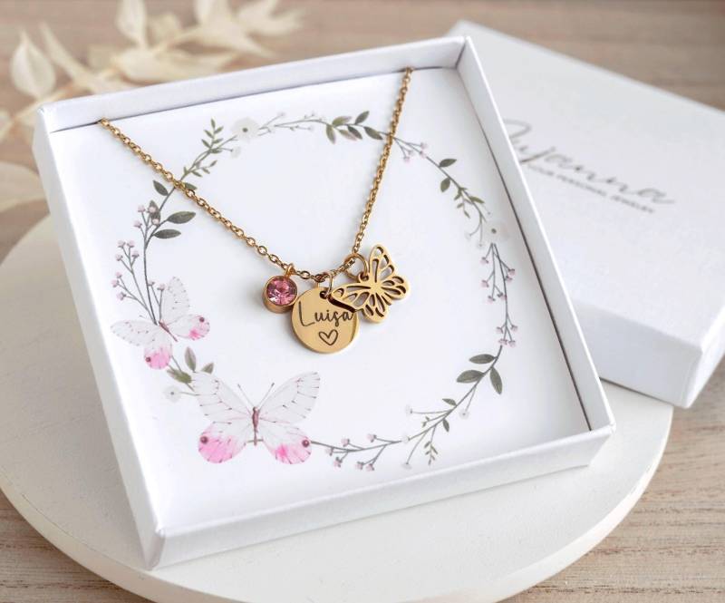 Kette Mit Schmetterling Kinderkette Gravur Namenskette Gold Silber Geburtsstein Personalisiertes Geschenk Halskette von JujannaSchmuck