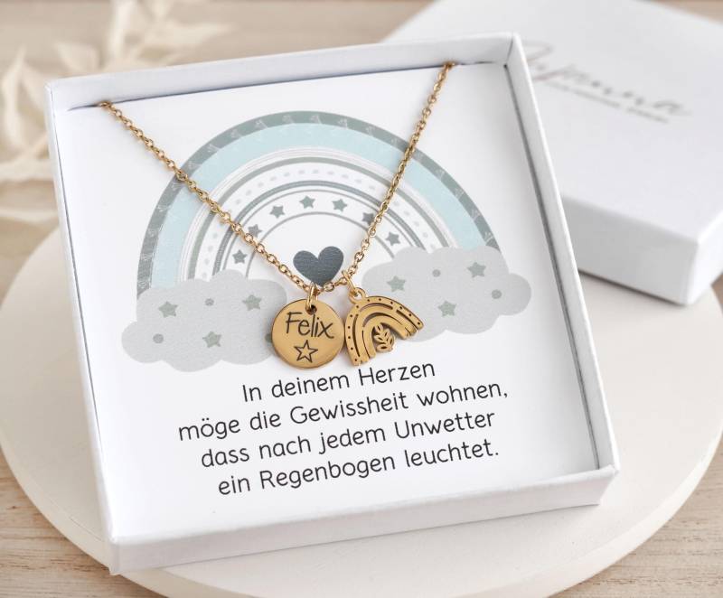 Personalisierte Kette Mit Regenbogen Taufkette Gravur Edelstahl Silber Gold Mutmacher Kind Schmuck Zur Taufe Kommunion Kinderkette Name von JujannaSchmuck