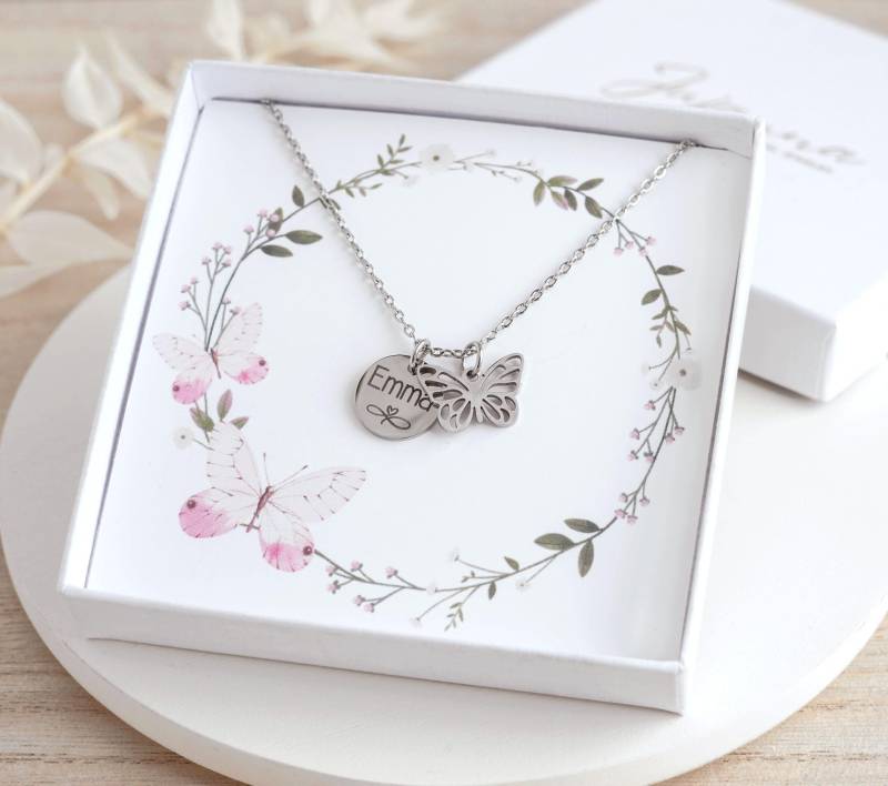 Schmetterling Kette Mit Gravur Namenskette Gold Silber Geburtsstein Personalisierte Für Tochter Freundin Halskette von JujannaSchmuck
