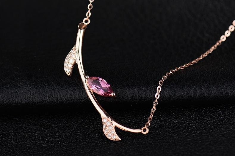 Ast Zweig Mit Blättern 18K Rose Gold Rot Turmalin Diamant-Halskette Für Hochzeit Geburtstag Valentinstag Muttertag von Jujuden