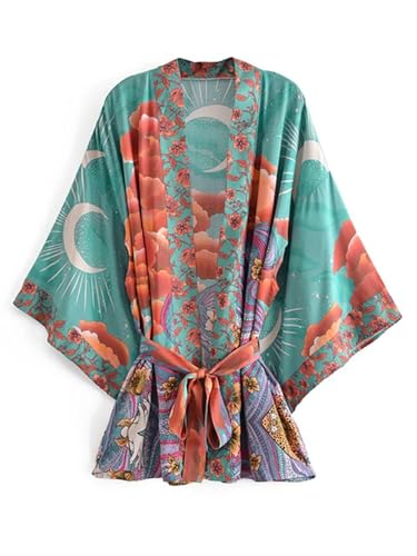 Juketron Boho Vintage Stern und Mond Blumendruck Schärpen Frauen Bohemian V-Ausschnitt Fledermausärmel Kurze Robe Kimono Kleid Cover-Ups von Juketron