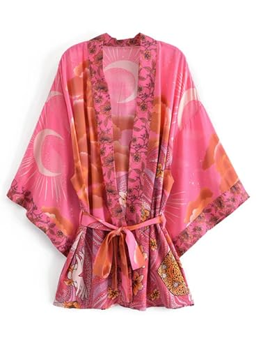 Juketron Boho Vintage Stern und Mond Blumendruck Schärpen Frauen Bohemian V-Ausschnitt Fledermausärmel Kurze Robe Kimono Kleid Cover-Ups von Juketron