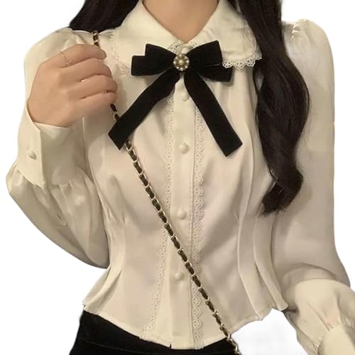 Juketron Weiße Hemden Frau Kawaii Spitze Lolita Blusen Süße Tuniken Peter Pan Coller Crop Langarm Tops Preppy Korean von Juketron