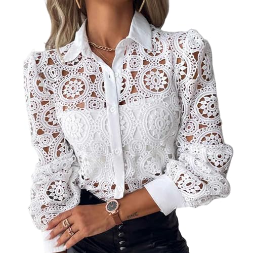Weiße Spitze Patchwork Hemd Bluse Frauen Frühling Sommer Ungefüttert Langarm Shirts für Frauen 2024 Mode Aushöhlen Vintage Tops von Juketron