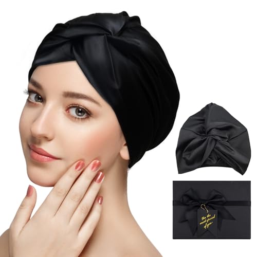 Jukibole Seidenhaube zum Schlafen, Silk Bonnet für Lockiges, Glattes Haar - Schlafhaube Seide Haare Schützen, Erhält Lockenform, Verhindert Frizz - Satin Haarhaube Weich für Damen, Mädchen (Schwarz) von Jukibole
