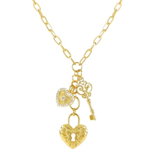 Jukoclut 18 Karat vergoldete Herz-Schlüssel-Halskette, klobige Büroklammer-Kette, Y-Halskette für Frauen, Chunky, Kupfer, Zirkonia von Jukoclut