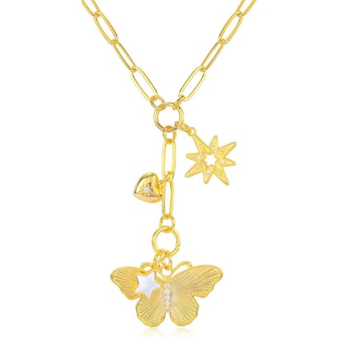 Jukoclut Charm Chunky Heart Butterfly Pendant Necklace Gold Plating Paperclip Chain for Women, Chunky, Kupfer, Zirkonia Jukoclut Charm Chunky Heart Butterfly Pendant Necklace Gold Plating Paperclip Chain for Women, Chunky, Kupfer, Zirkonia von Jukoclut