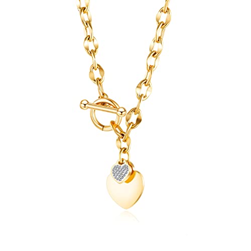 Jukoclut Damen-Halskette mit Herzanhänger, Edelstahl, Zirkonia, Knebelverschluss, Edelstahl, Zirkonia von Jukoclut