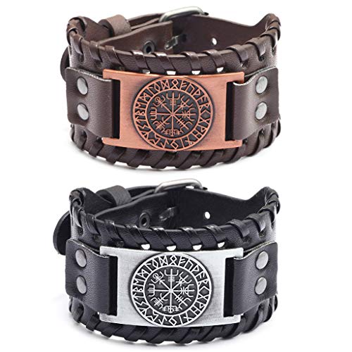 Juland 2 Stück Herren Retro Breites Metall Herren PU Leder Armband Punk Style Armbänder Breiter Gürtel Manschette Armreif Rock Wrap für Männer Junge Einstellbar –Pirat von Juland