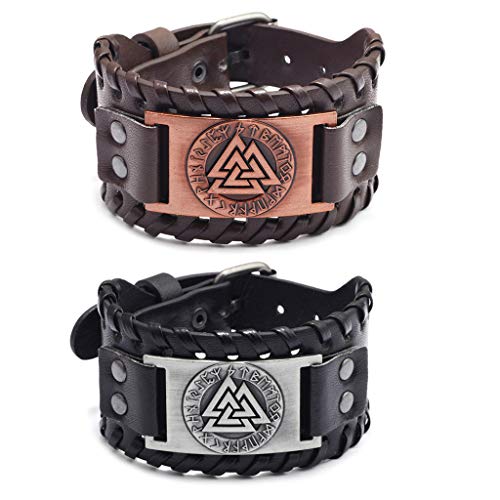 Juland 2 Stück Herren Retro Breites Metall Herren PU Leder Armband Punk Style Armbänder Breiter Gürtel Manschette Armreif Rock Wrap für Männer Junge Einstellbar –Viking Totem von Juland