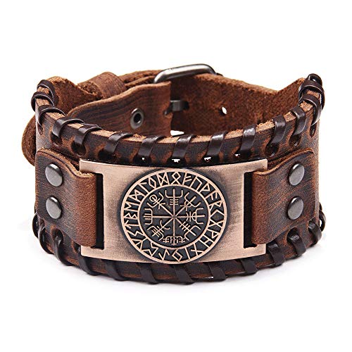Juland Herren Retro Breites Metall Schwarz Herren Lederarmband Punk Style Lederarmband Pirat Armbänder Breiter Gürtel Manschette Armreif Rock Wrap für Männer Junge Einstellbar - Braun von Juland