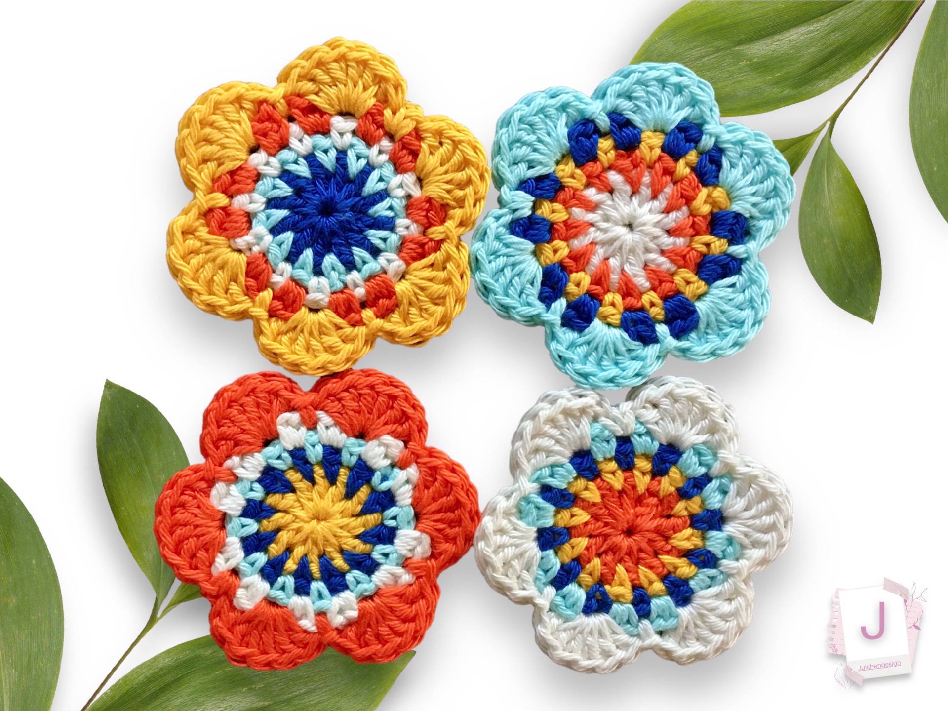 4 Häkelblumen, Applikationen, Aufnäher, Häkelblume, Applikation von Julchendesign