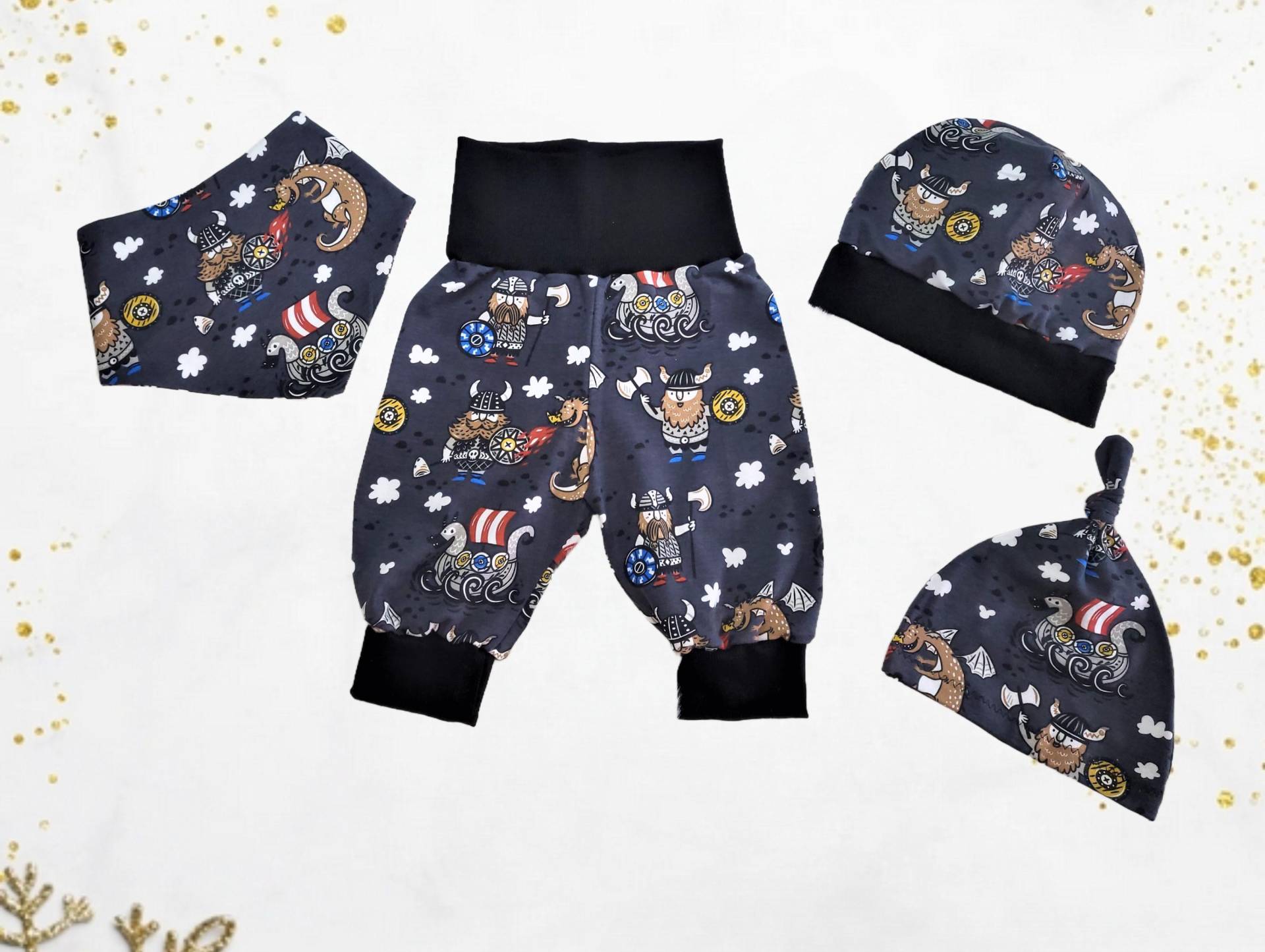Jungen Pumphose, Dreieckstuch, Knotenmütze Und Beanie Baby Kleinkind Gr. 50 - 104 Schwarz Wikinger Schiff Drache Einzelstücke Oder Set von JulesTraumstuebchen