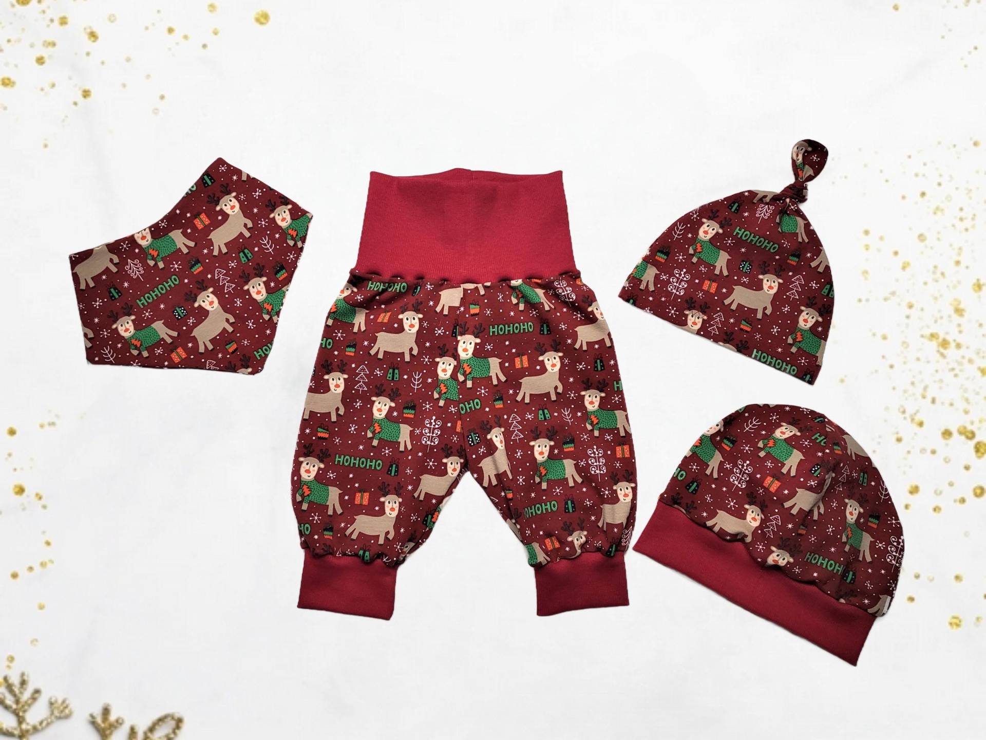 Unisex Pumphose, Dreieckstuch, Knotenmütze, Beanie Baby Und Kleinkind Gr. 50 - 104 Rot Rentier Rudolf Hohoho Einzelstück Oder Im Set von JulesTraumstuebchen