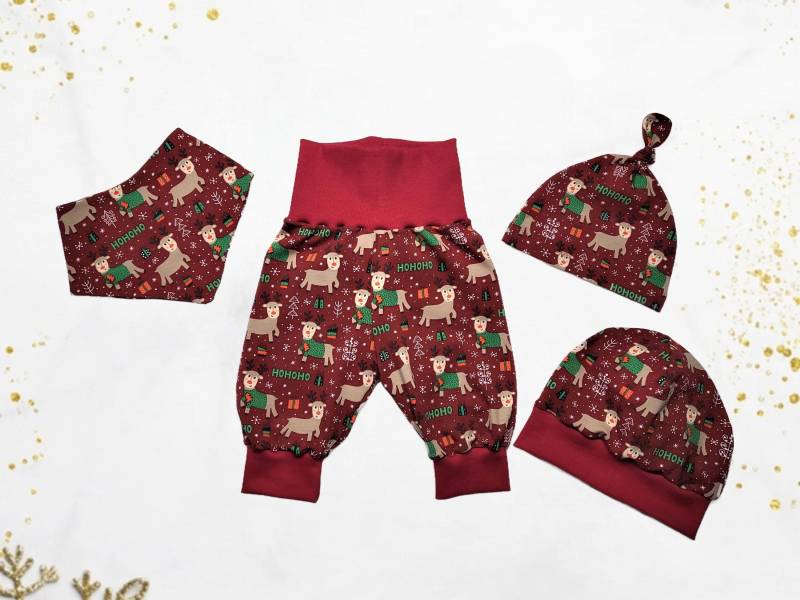 Unisex Pumphose, Dreieckstuch, Knotenmütze, Beanie Baby Und Kleinkind Gr. 50 - 104 Rot Rentier Rudolf Hohoho Einzelstück Oder Im Set von JulesTraumstuebchen