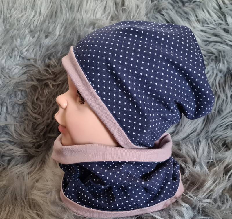 Beanie&loop Mädchen Jerseybeanie Mit Pünktchenbabymützekindermützemädchenmützealtrosa Und Blau Von 34-64 Ku von JulesZauberfaden