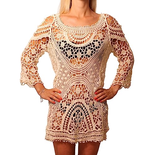 Gehäkeltes Strandkleid Philippines Beige // Bikini Cover Up, kurzes Strickkleid, Rückenfrei mit Lochmuster, Quasten // Crochet Mini Beach Dress - Boho Chic Hippie Style (beige) von Julesmar