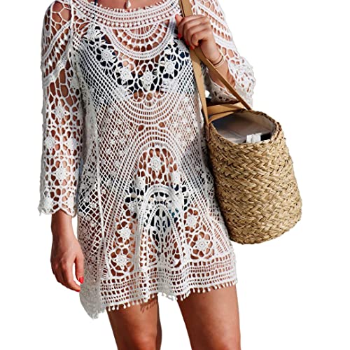 Gehäkeltes Strandkleid Philippines Weiß // Bikini Cover Up, kurzes Strickkleid, Rückenfrei mit Lochmuster, Quasten // Crochet Mini Beach Dress - Boho Chic Hippie Style von Julesmar