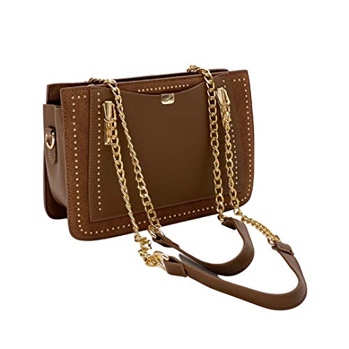 Julesmar Schultertasche London Streets Braun // Kunstleder Handtasche, Kettentasche mit Gold Kette, Nieten, Reißverschluss - Abendtasche Damen, Brown Cross Body Bag Chain - Trend 2023 von Julesmar