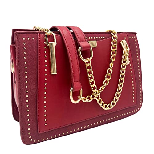 Julesmar Schultertasche London Streets Rot // Kunstleder Handtasche, Kettentasche mit Gold Kette, Nieten, Reißverschluss - Abendtasche Damen, Red Cross Body Bag Chain - Trend 2023 von Julesmar