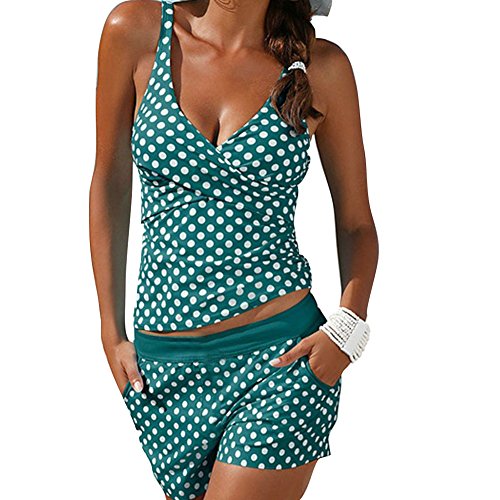 Juleya Damen Tupfen Tankini Sets V-Ausschnitt Badeanzug Bikini Top + Hose Schwarz/Grün S M L XL XXL von Juleya