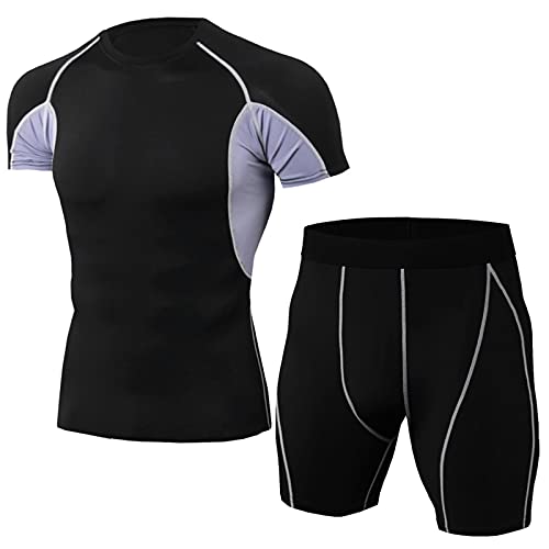 Julhold Herren Sportanzüge Fitness Yoga Laufen Sportliche Trainingsanzüge Enges elastisches T-Shirt Kurzarm Shorts Set 2-teiliger Trainingsanzug(Grau,XXL) von Julhold