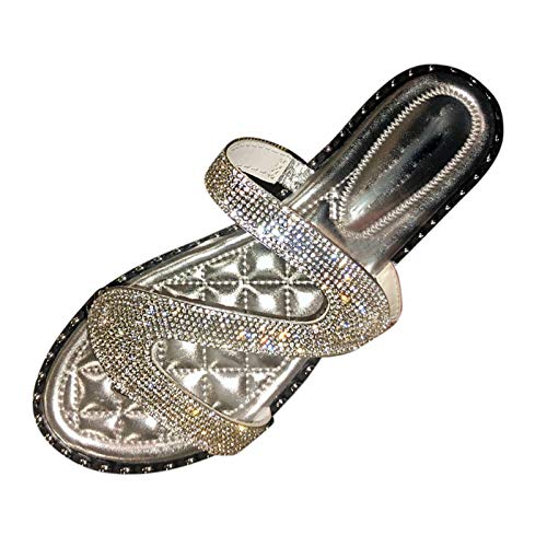 Julhold Sandalen Offen Strandschuhe Hauschuhe Leicht Badelatschen Bequeme Damen Flaches Set Im Römischen Stil Mit Atmungsaktiven Flach Zehentrenner Mit Strass Sandalen-Damenschuhen(Silber,38) von Julhold