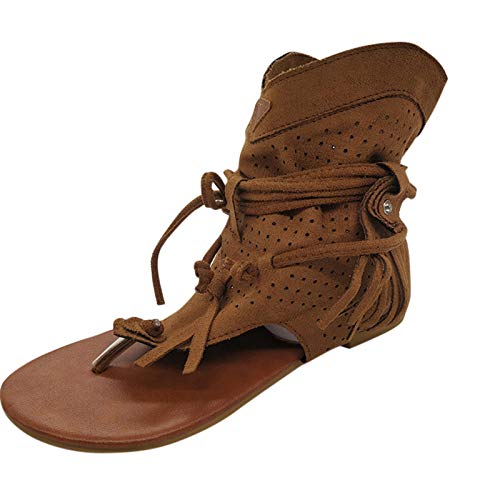 Julhold Sandalen Sommer Offene Schuhe Slingback Sandalen Strand Retro Lässige Mode Flache Fransen Hohle Flip Flops Damen Sandalen Riemchen Flache Sandalen Zehentrenner Sandaletten(Braun,37) von Julhold