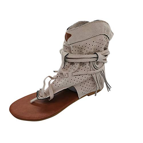 Julhold Sandalen Sommer Offene Schuhe Slingback Sandalen Strand Retro Lässige Mode Flache Fransen Hohle Flip Flops Damen Sandalen Riemchen Flache Sandalen Zehentrenner Sandaletten(Weiß,37) von Julhold