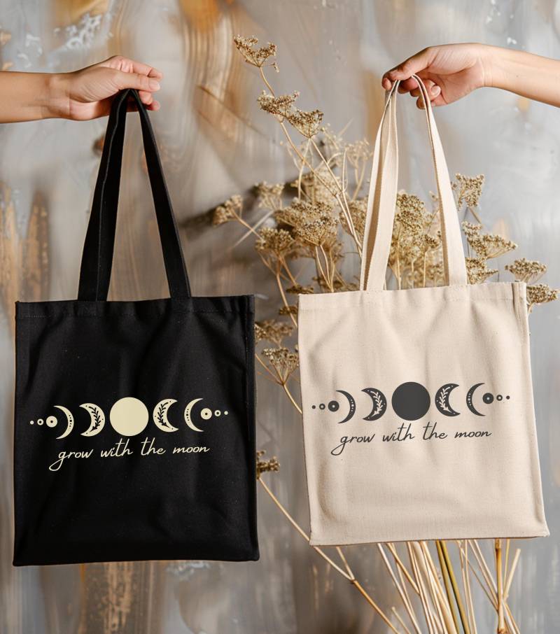 Tote Bag "Grow With The Moon" , Made Of Cotton, Jute Bag As A Shopper, Carrier Or Gift, Spiritual Design, Moon Phases von JuliFeel